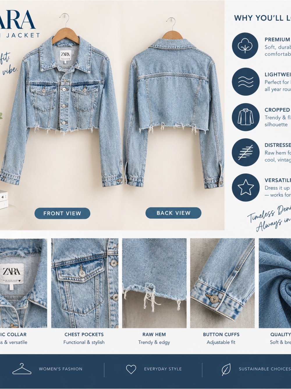 ZARA Light Blue Cropped Distressed Denim Jacket for Kids